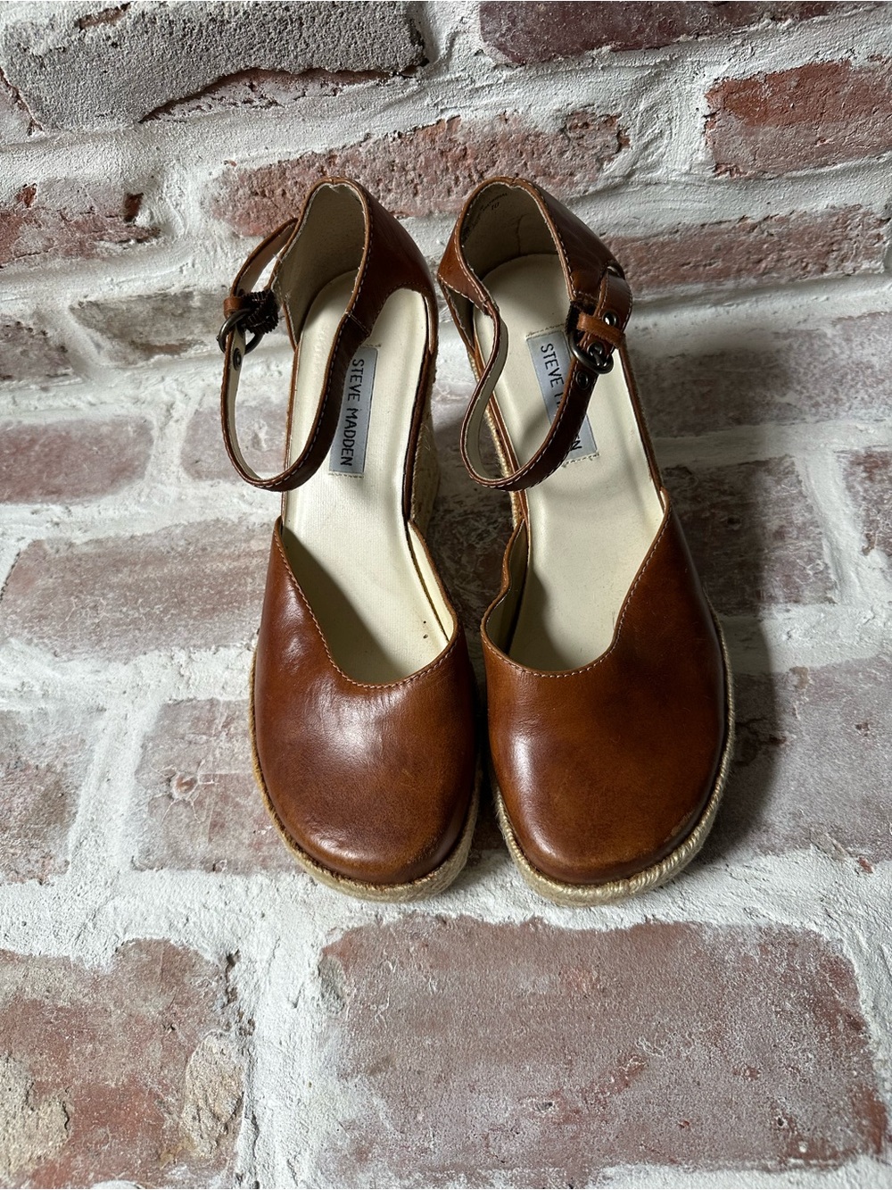 Steve Madden Tan Brown Leather Ankle-Strap Espadrille Wedges